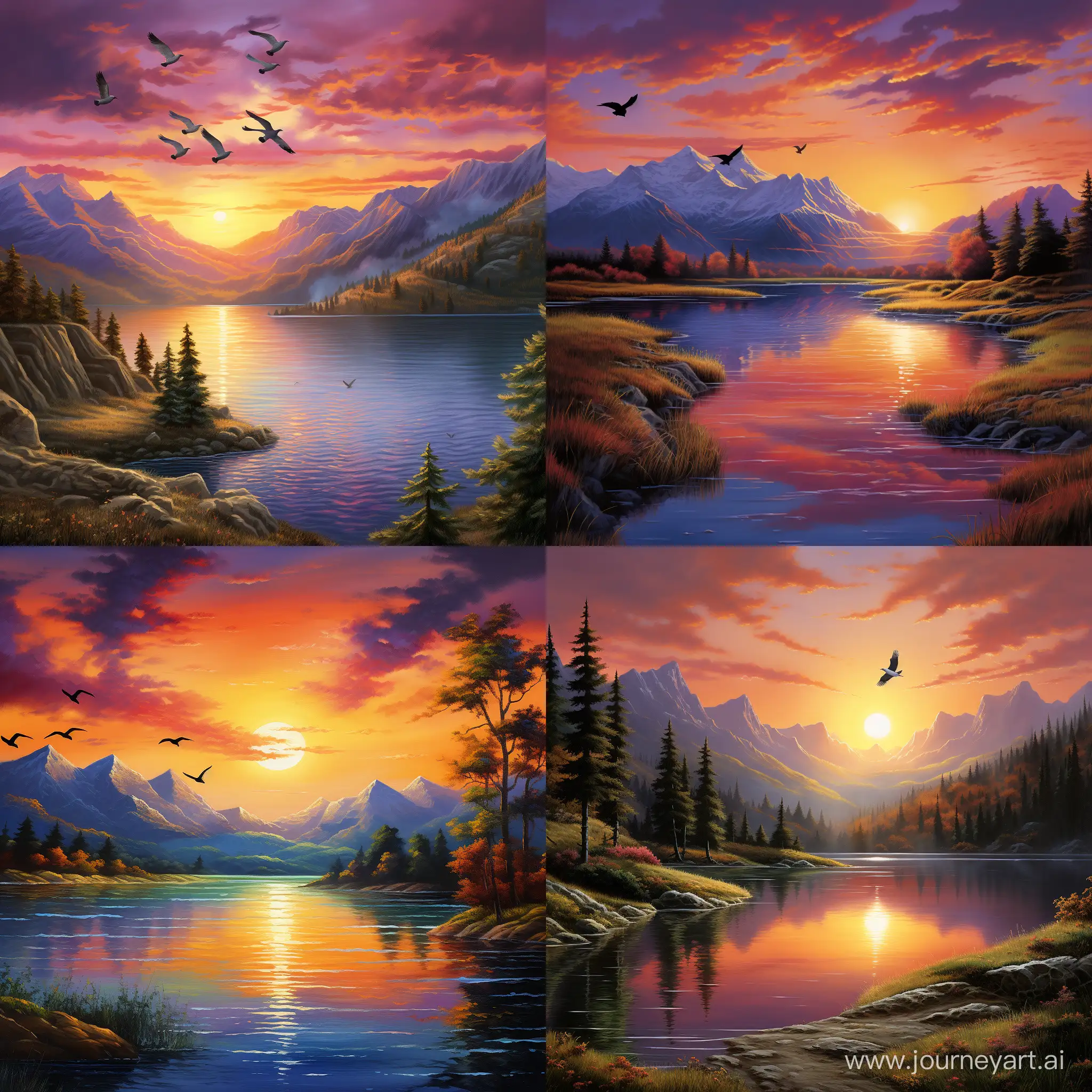 Generate a high-resolution image depicting a serene sunset over a mountainous landscape with a calm lake in the foreground. Ensure that the colors are vibrant, the details are sharp, and the overall composition is visually appealing. Optionally, include a few birds in the sky to enhance the natural atmosphere.