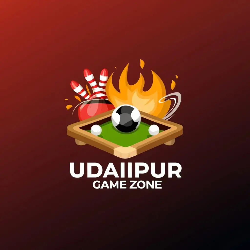 a logo design,with the text "Udaipur Game Zone", main symbol:Snooker, fireball, bowling, football,Moderate,be used in Entertainment industry,clear background