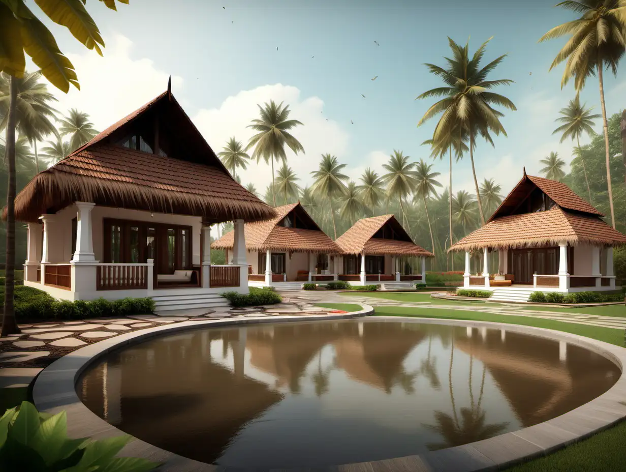 Create a photo realistic rendered image of a modern luxury indian resort in Kerala built in traditional mud and stone architecture style. Show open lawn area and swings in the surrounding. Add banana and coconut trees.