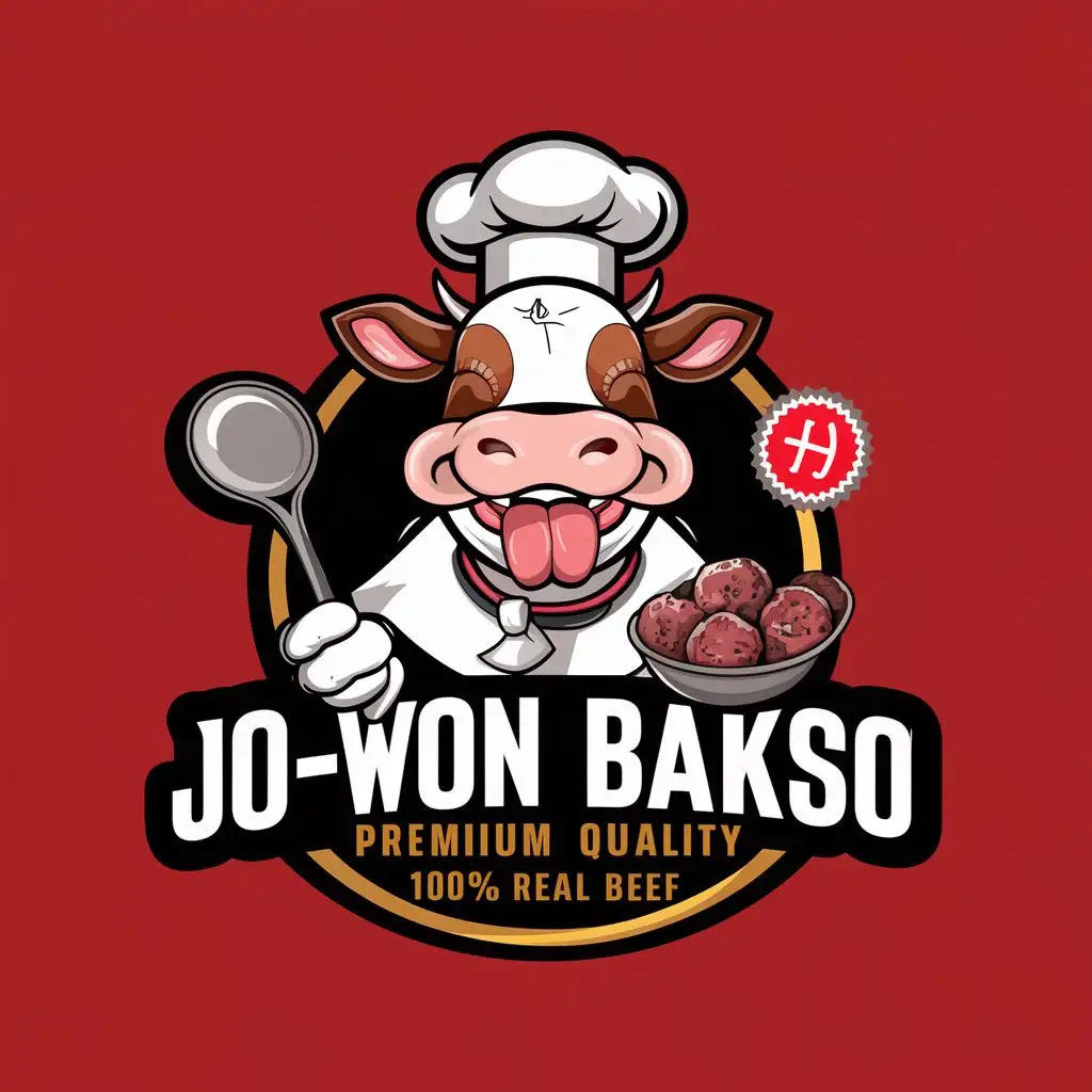 logo, The cow laughs deliciously sticking out its tongue wearing a chef's hat holding a ladle and meatballs, with the text "JO-WON BAKSO
Premium Quality | 100% Real Beef", typography, be used in Restaurant industry