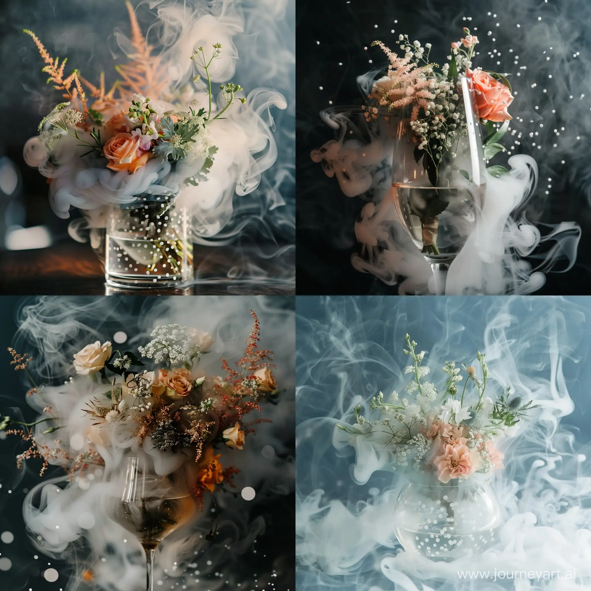 Свадебный букет в бокале а дыму и белыми точками 