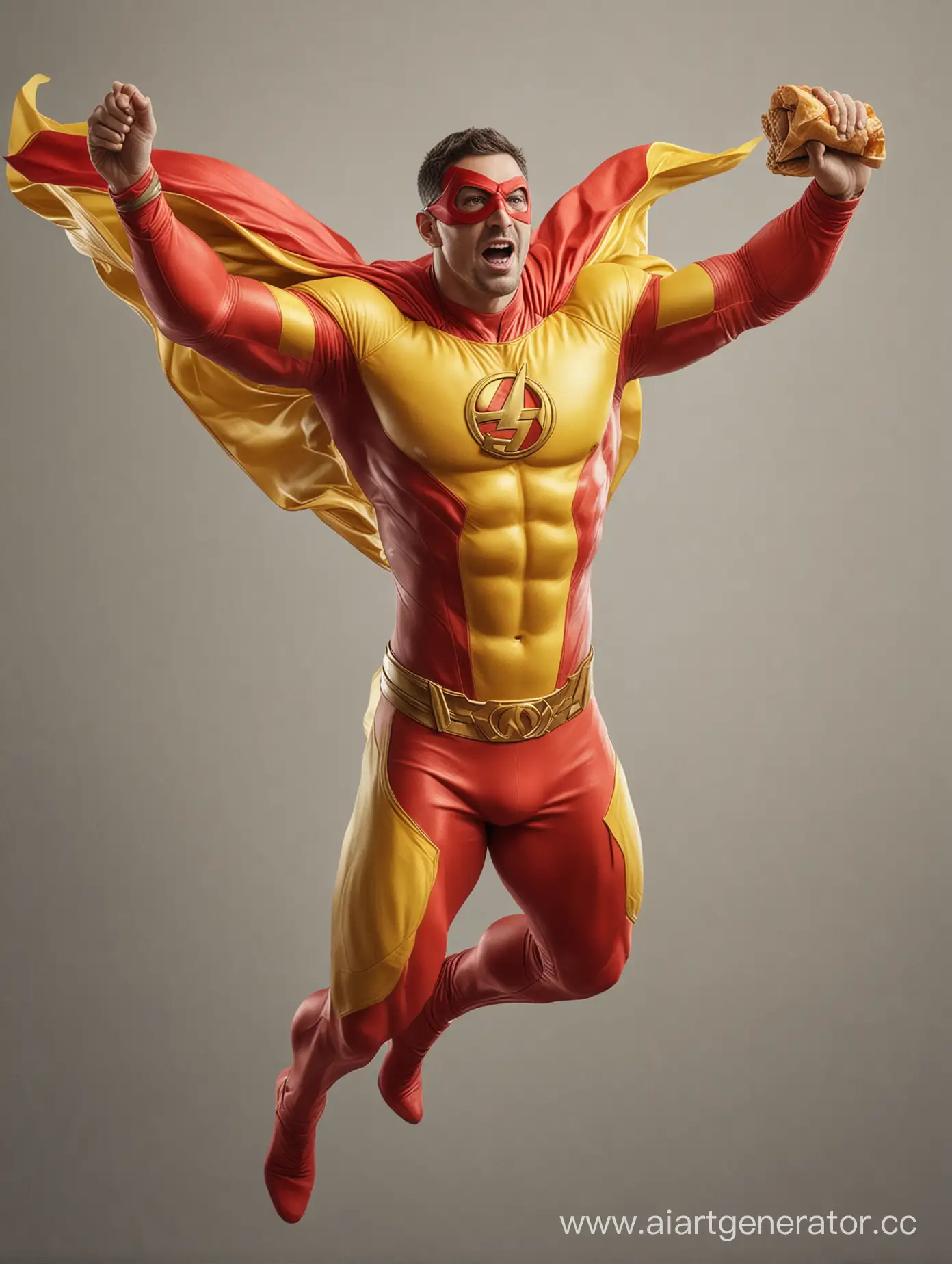 летящий супер-герой, с красно-жёлтом костюме  с шаурмой в руках #гипперреализм