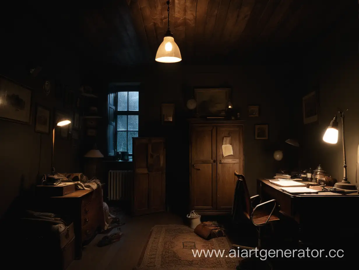 a simple dark small room with a mess, the only light source, an old lamp on the ceiling