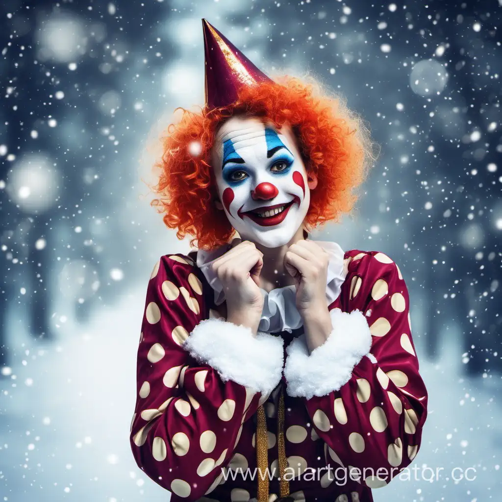 Новогодний фон,  клоун-женщина,весёлая, молодая, снег