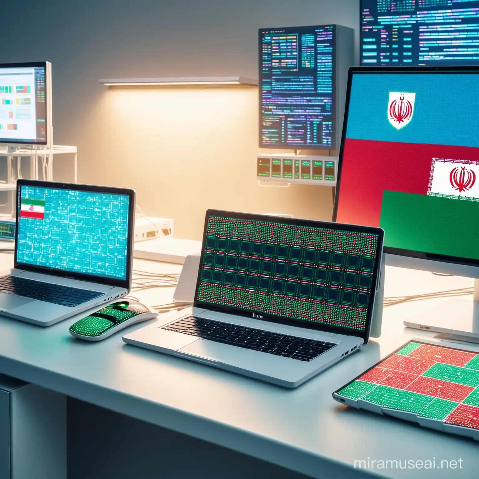 A super modern Nano technology laboratory with screens and laptop which is showing Nano Chips on laptop screen.
Flag of Iran and Persian designs.