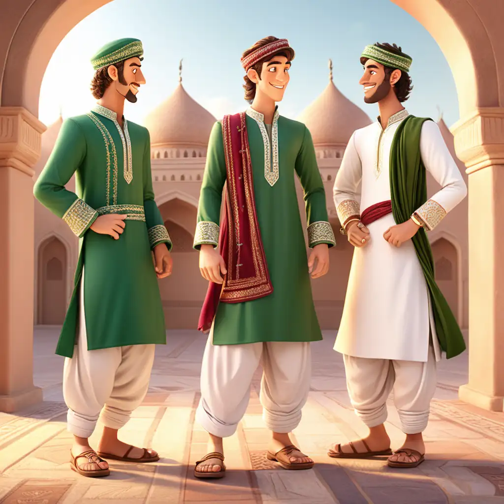 Create a 3D illustrator of an animated scene of three young men, dressing like a Pakistani prince. Beautiful and spirited background illustrations.
