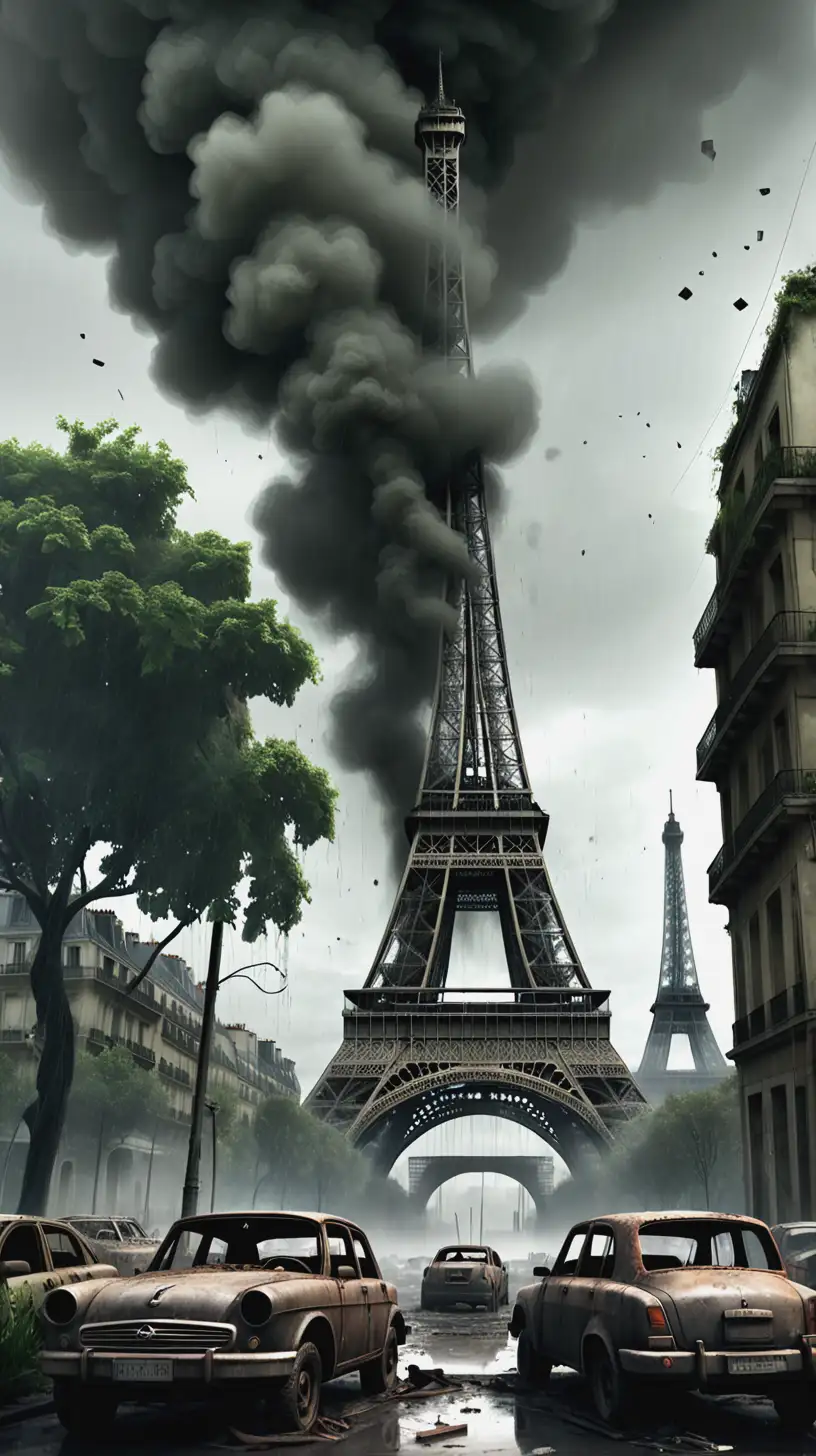 Eiffel Tower Post Apocalypse Scene with Smoke Damaged Cars and Rain in a Jungle Setting