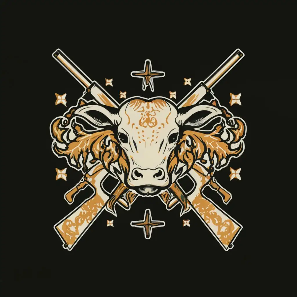 a logo design,with the text "
.", main symbol:Female cow face with shotguns as crossbones,complex,clear background