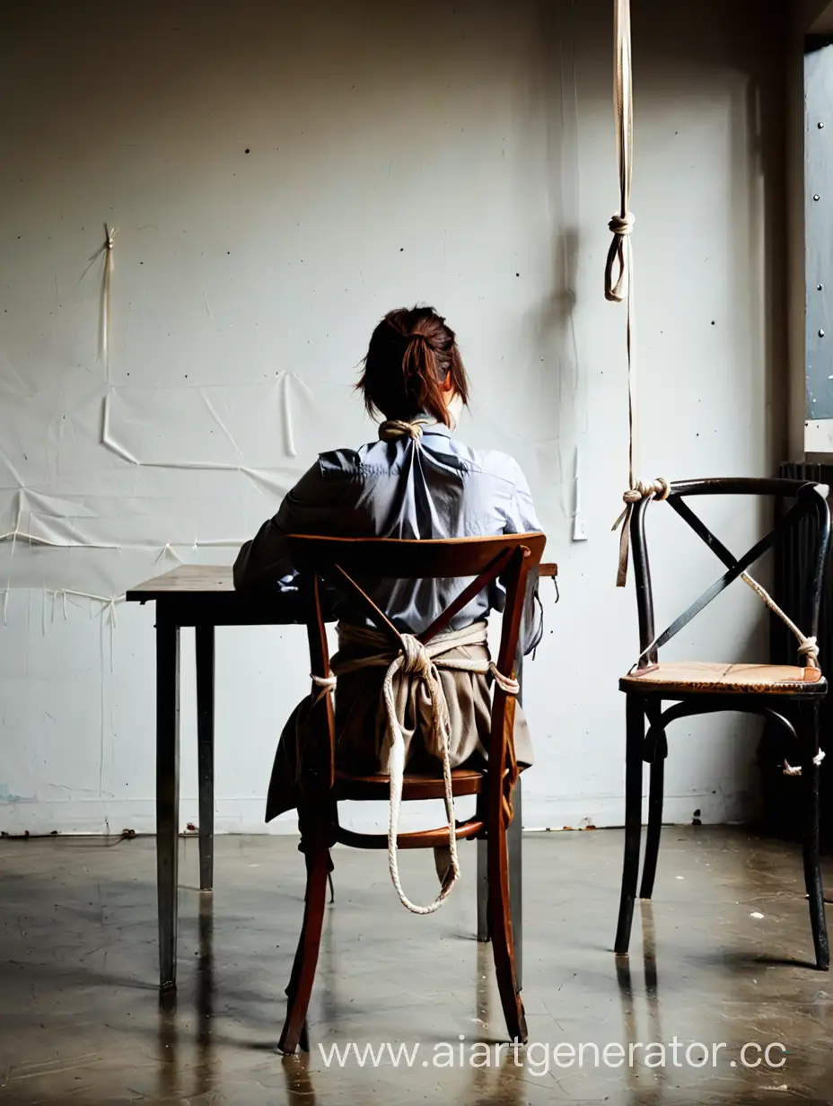 Woman sitting in front of an empty table tied up on a chair