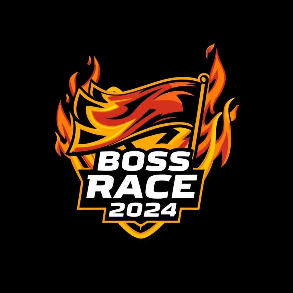 a logo design,with the text "BOSS RACE 2024", main symbol:racing flag on fire,complex,be used in Automotive industry,clear background