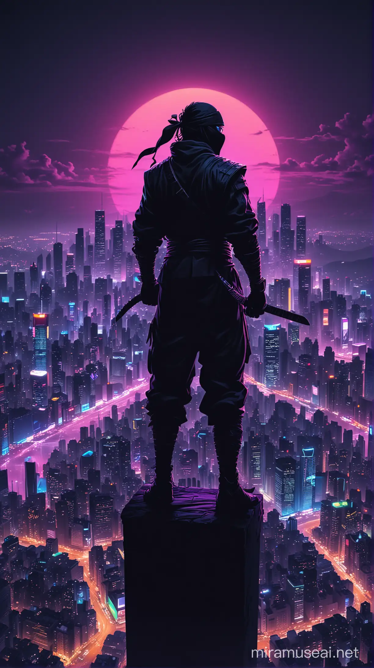 A vibrant cityscape at night, illuminated by neon lights in a spectrum of colors, with a shadowy figure of a ninja poised atop a skyscraper, overlooking the city. The ninja's silhouette is detailed by the neon glow, creating a striking contrast against the dark sky.