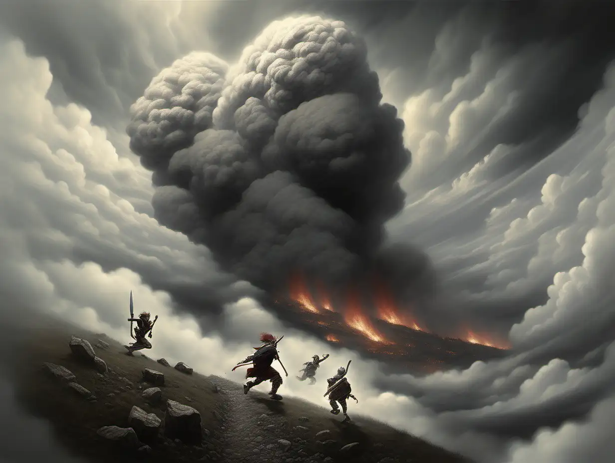 heavy ash::3 cloud::3 coming down hillside with fire boulders fantasy::3
warrior terrified running away from the cloud
