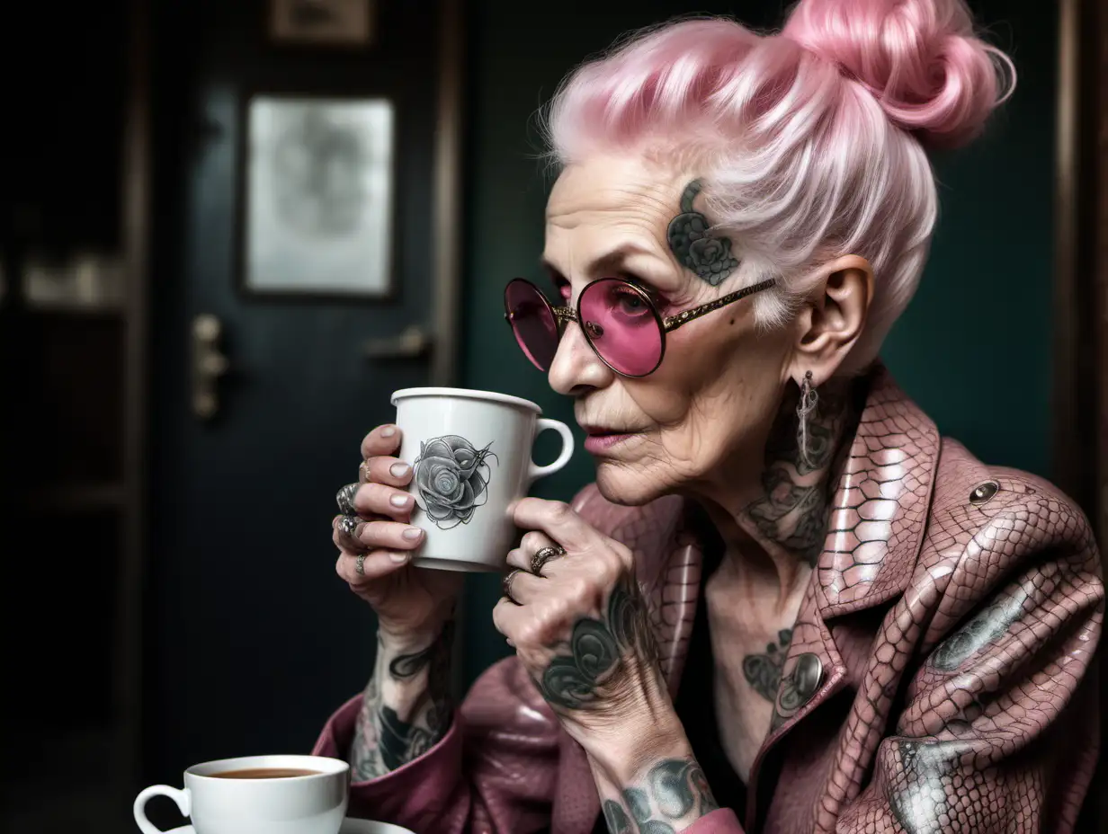 Elderly Rebel PinkHaired Biker Sipping Coffee in Vintage Style