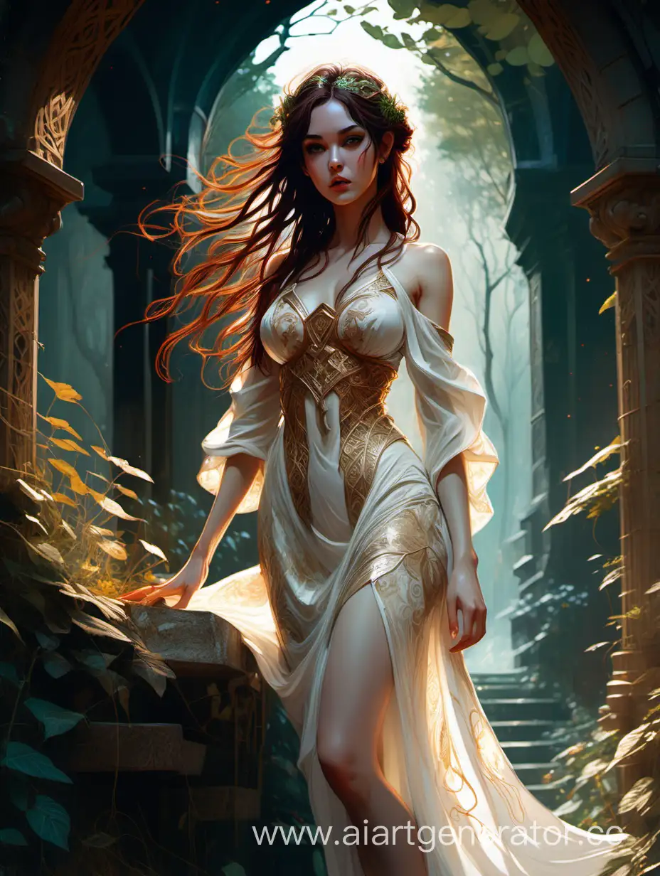 fantasy book cover full body landscape portrait, a ( brunette goddess), elf fae, long hair, tall and voluptuous, soft freckles, large golden eyes, intricate White  and golden embroidered gown, medieval fantasy landscape, Carne Griffiths, Michael Garmash, Frank Frazetta, Victo Ngai, Detailed, Vibrant, Sharp Focus, Character Design, Wlop, Kuvshinov, Character Design, TXAA, 32k, Highly Detailed, Dynamic Pose, Intricate Motifs, Organic Tracery, Perfect Composition, Digital Painting, Artstation, Smooth, Sharp Focus, Illustration, hyperdetailed,