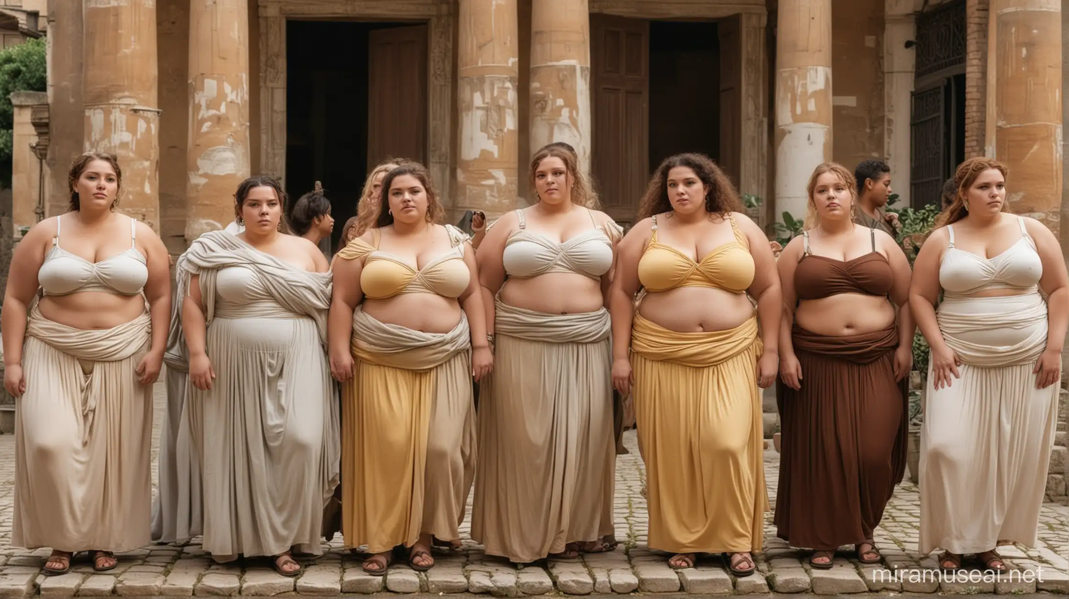 A group of young, beautiful SSBBW women, weight 400 lbs, standing in a porch in ancient Rome. The women are of different ethnicities  and of different hair and skin color. Some men look at them and talk
