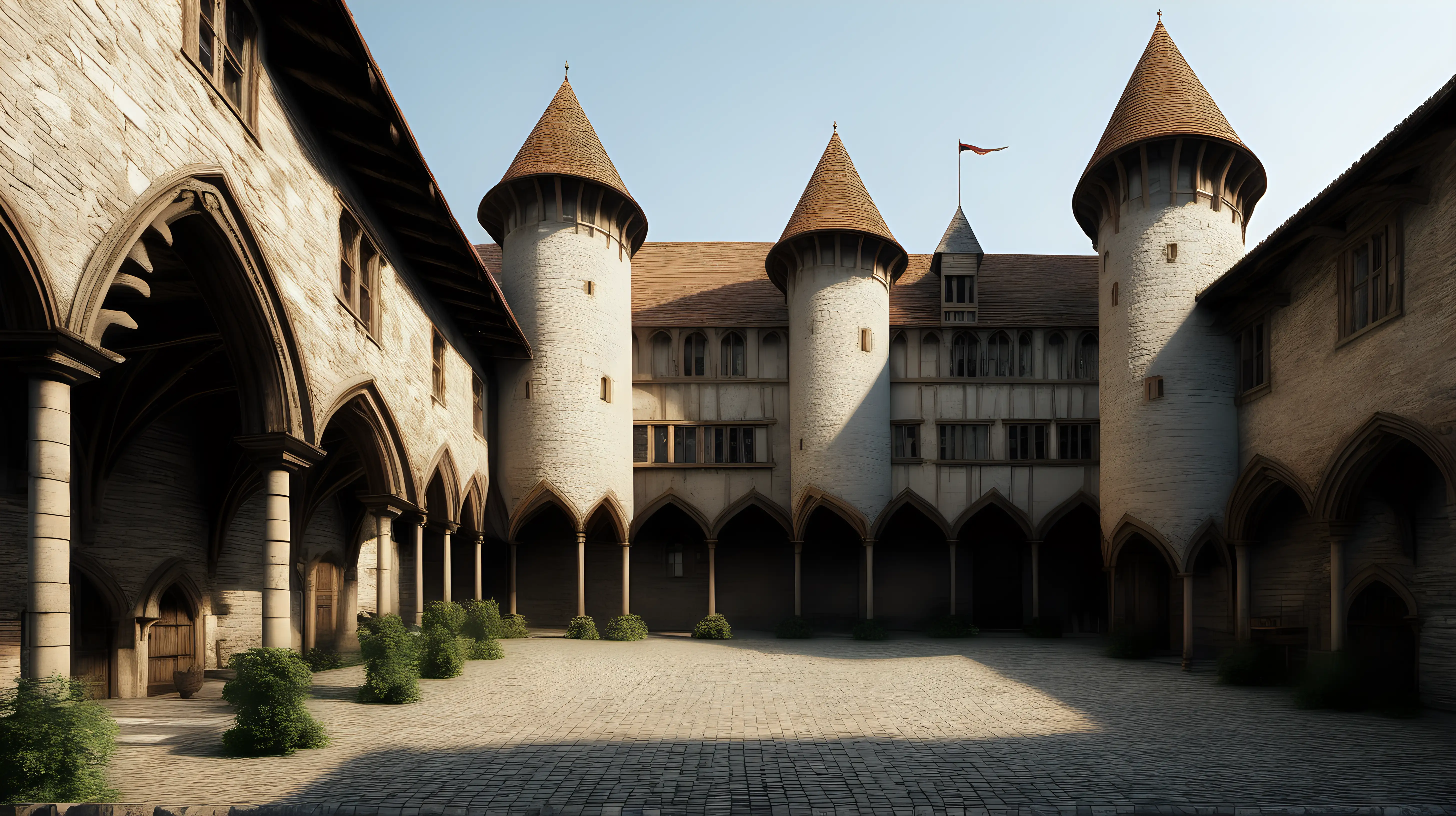 Medieval Castle Courtyard with Knights Training and Noblewomen Conversing