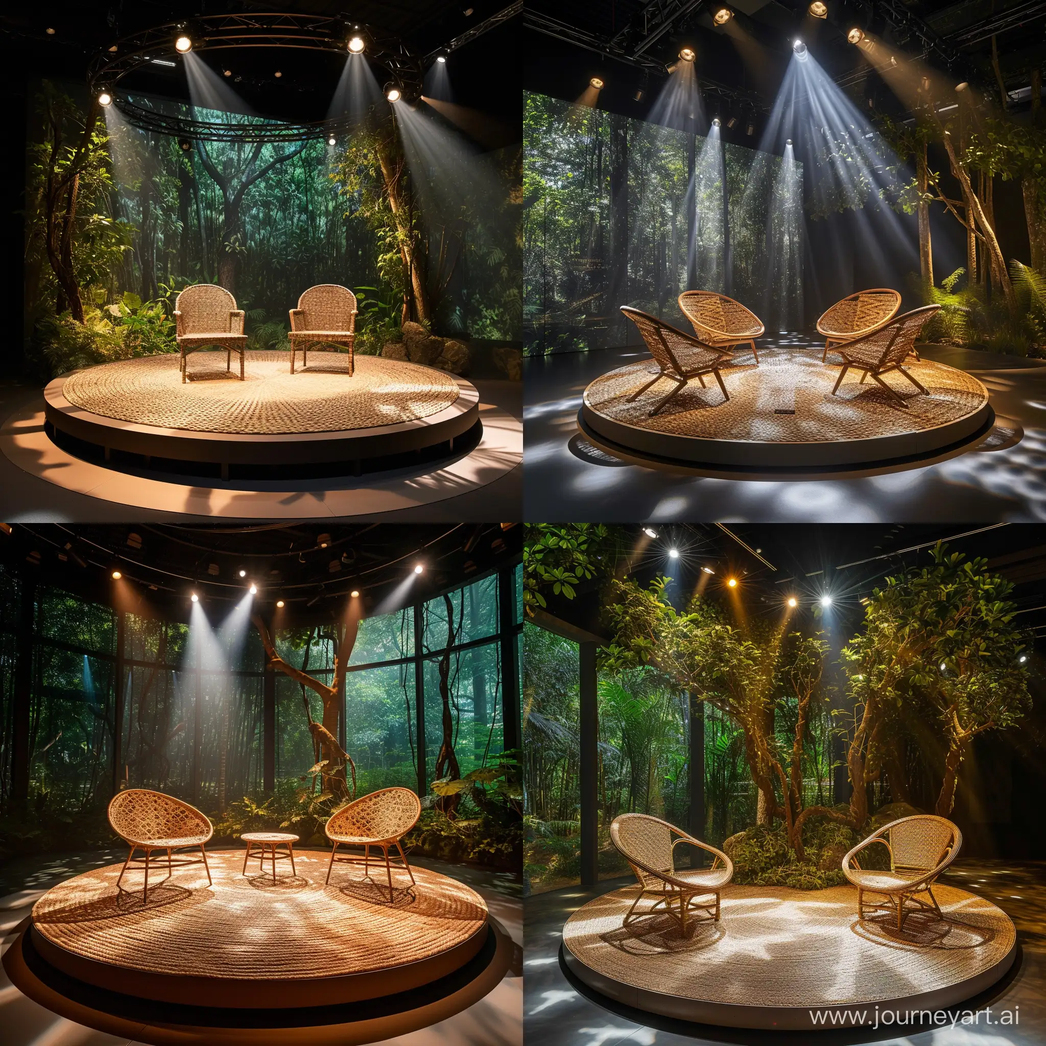 imagine small Safari Collection Zone
Design & Atmosphere:
This zone transports visitors to an outdoor safari environment, utilizing natural light and thematic elements to create an immersive experience.
Key Features:
Display Platform:
Shape: Circular, symbolizing the unity and cyclic nature of ecosystems.
Dimensions: 2m in diameter, elevated 20cm above the ground.
Material: The platform's frame is made from recycled aluminum, with a surface of intricately woven plant fibers, showcasing craftsmanship and sustainability.
Spotlights:
Positioned to simulate sunlight filtering through trees, casting dynamic shadows and highlighting the chairs' features.
Lighting:
A combination of natural daylight from nearby windows and focused LED spotlights creates a vivid, lifelike ambiance.realistic style