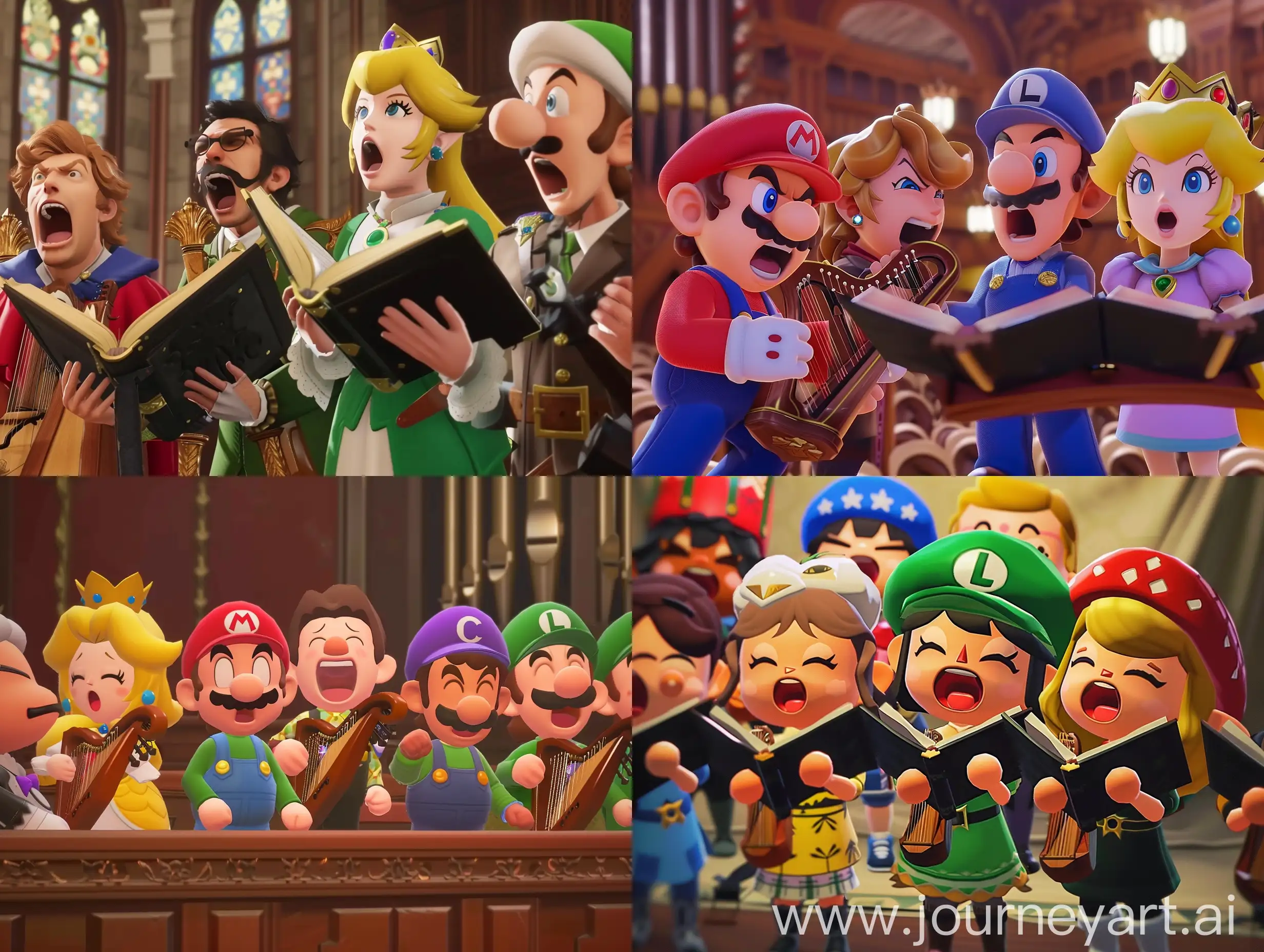 Video game characters singing intensely at a Sacred Harp singing convention