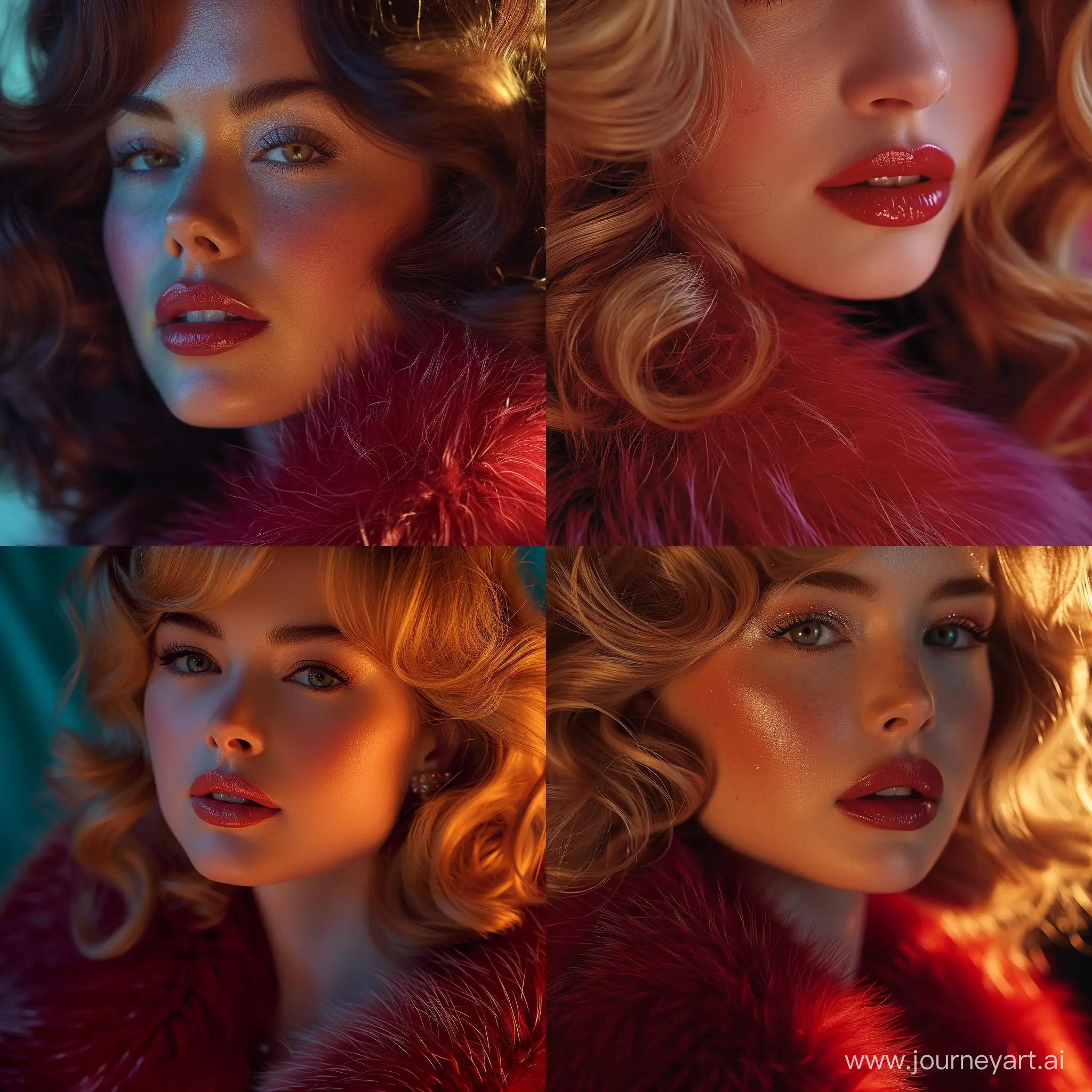 rachel wyeth in her red fur coat, in the style of captivating lighting, glamorous hollywood portraits, close up, dark paradise, retro-style, dark violet and light red, wavy  --stylize 750 --v 6