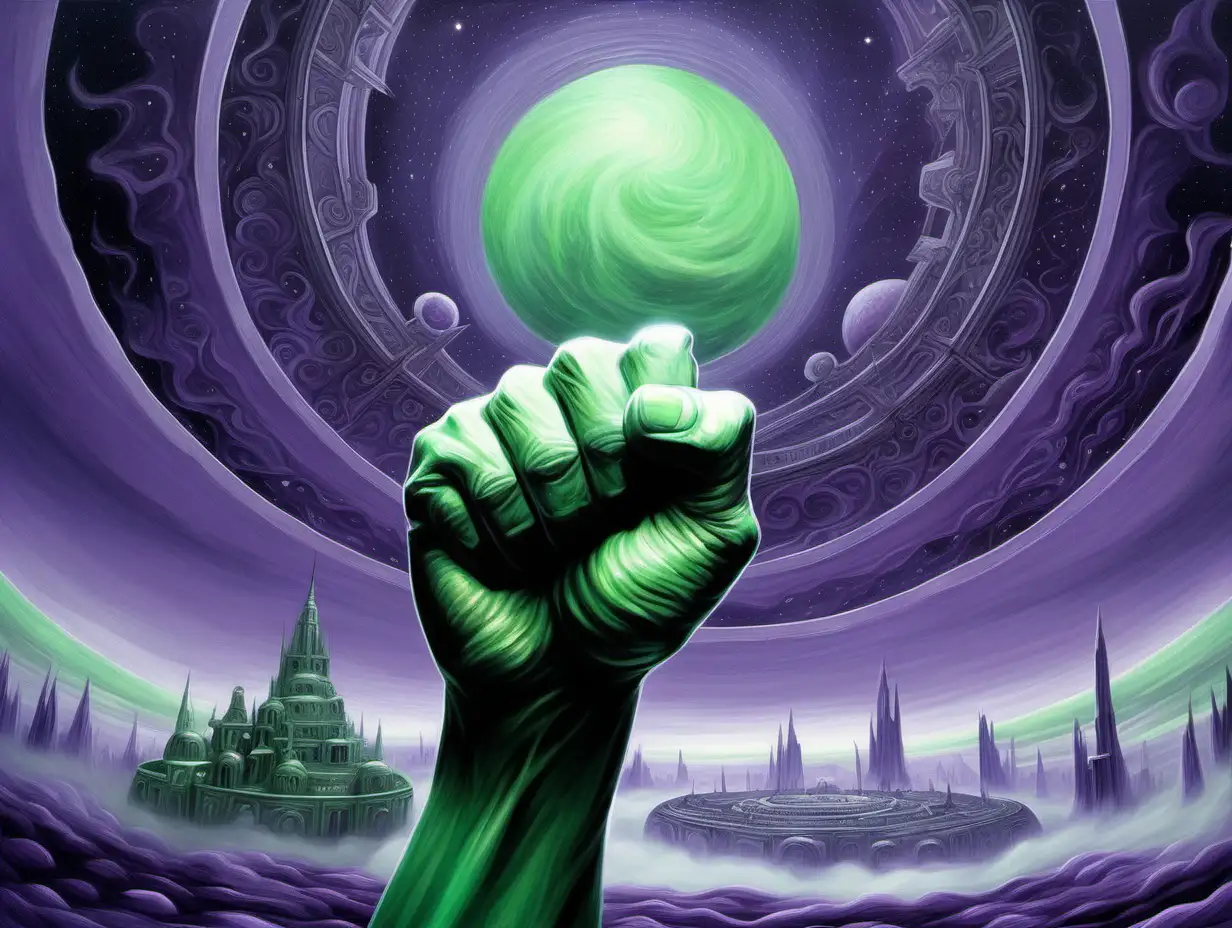 Fantasy Painting of Pale Green Fist in Round Night Sky Room