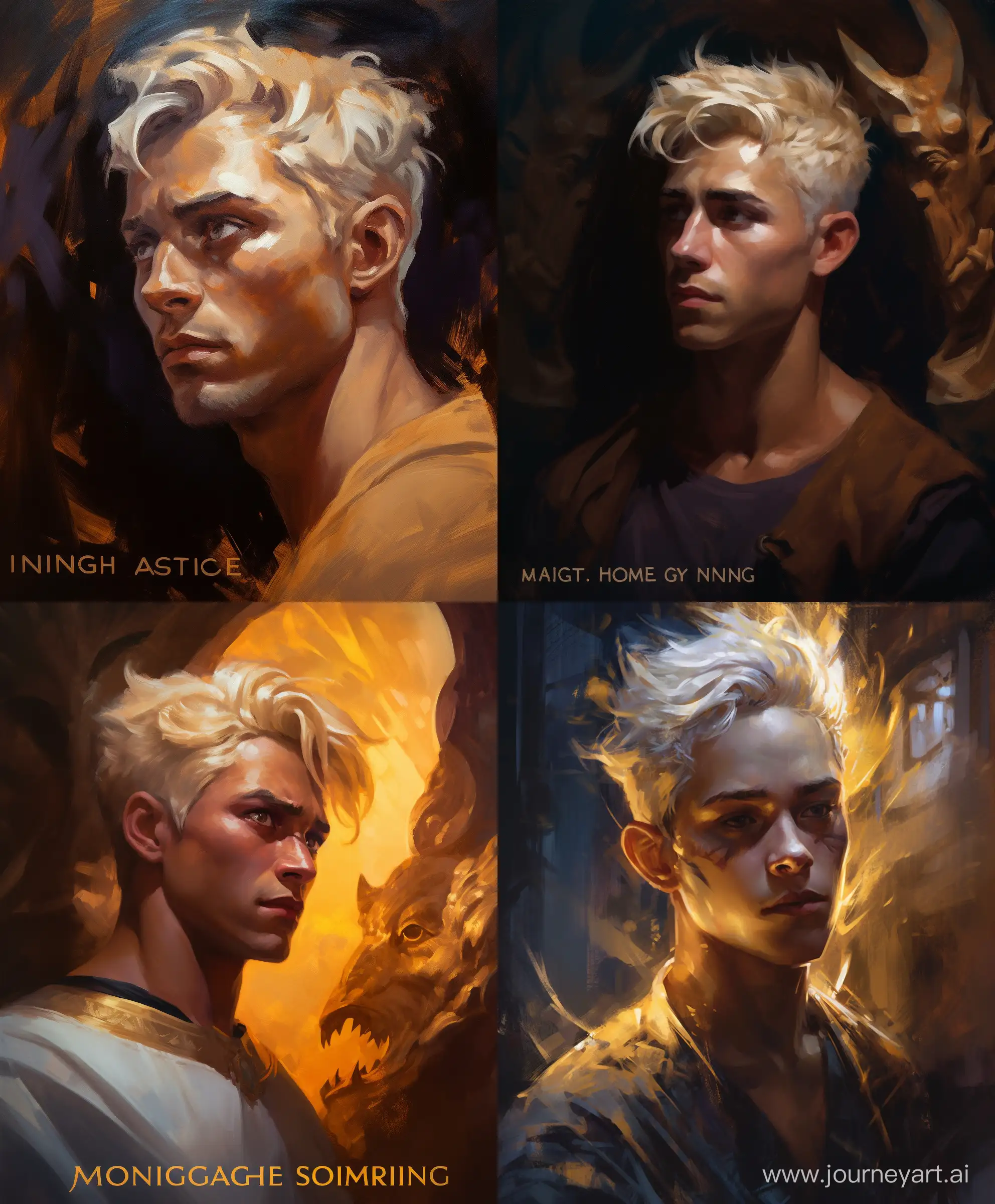 /Imagine prompt:: Mythological, concept art, thick brush strokes ;; wide canvas portraying a story, {{ oil painting in the style of Daniel Hughes with bold brush strokes }} ;; oil painting watercolor painting. Waist up view of a supernatural goddess as a young man. Golden bronze beautiful tanned glowing skin, short white hair, dark hypnotic blue eyes, extremely muscular and perfectly chiseled and athletic and shapely body and figure, hourglass figure, perfect muscle. ;; digital art techniques, thomas blackshear, maggi hambling, --ar 100:120 --upbeta --v 5.0 --s 250
