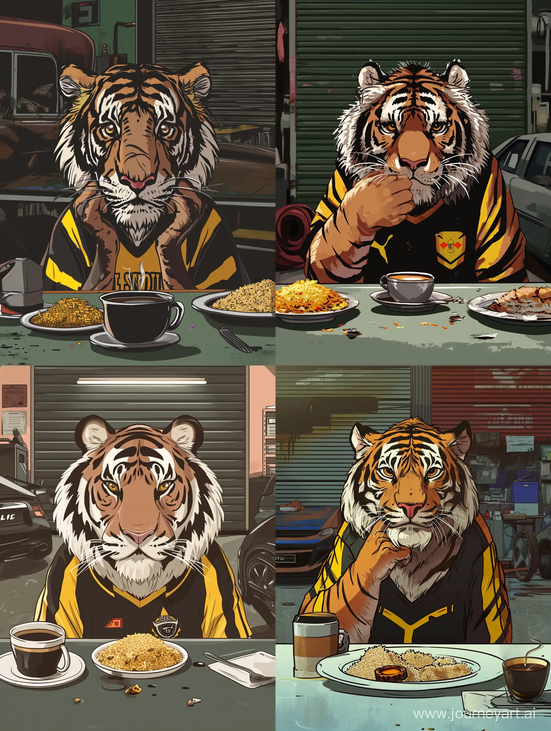 funny cartoon, a tiger is having breakfast. there is nasi lemak and coffee on the table. The tiger raised its chin with a sad face. The tiger wears a black and yellow Malaysian football jersey. the background of a closed modern car workshop.