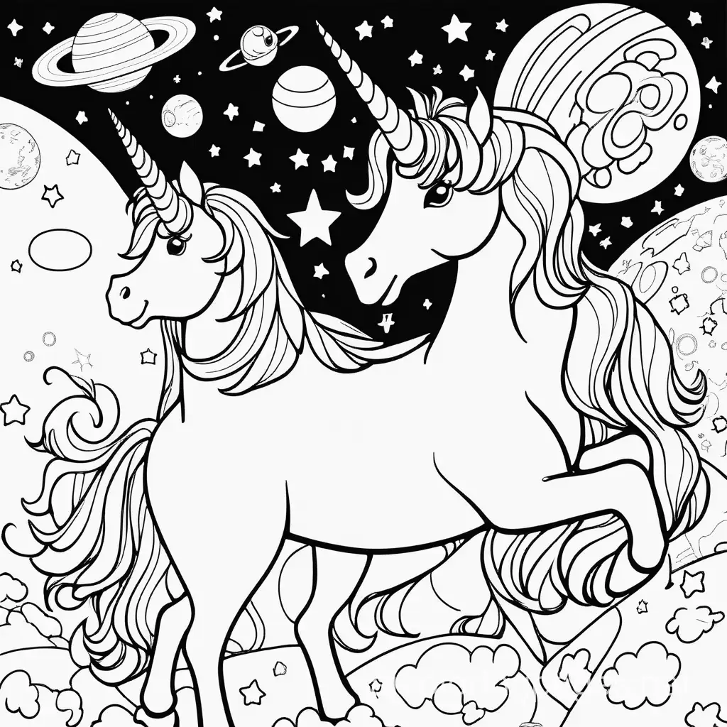 unicorns in space, Coloring Page, black and white, line art, white background, Simplicity, Ample White Space. The background of the coloring page is plain white to make it easy for young children to color within the lines. The outlines of all the subjects are easy to distinguish, making it simple for kids to color without too much difficulty