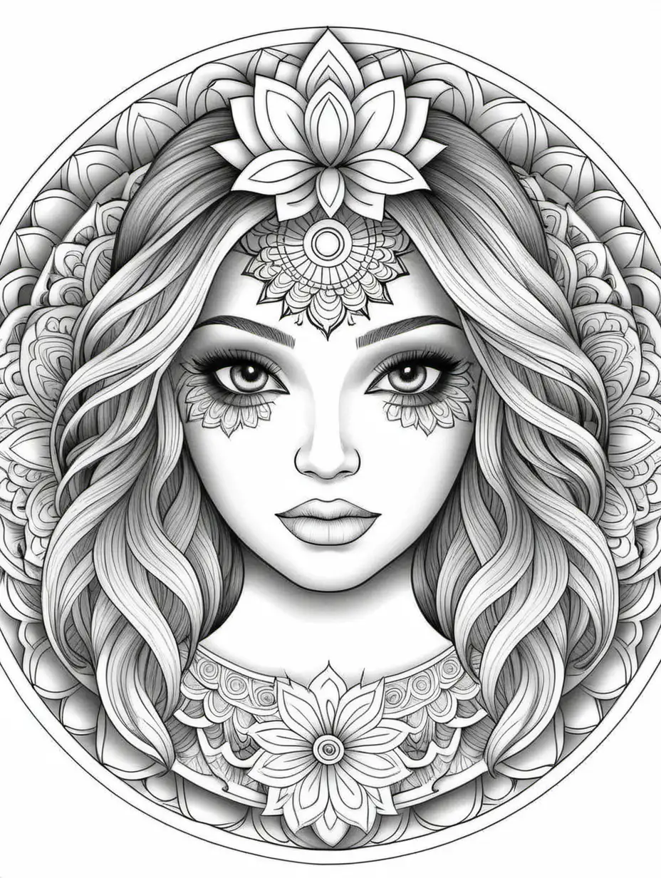 Mandala Coloring Page Featuring a Tranquil Girls Face