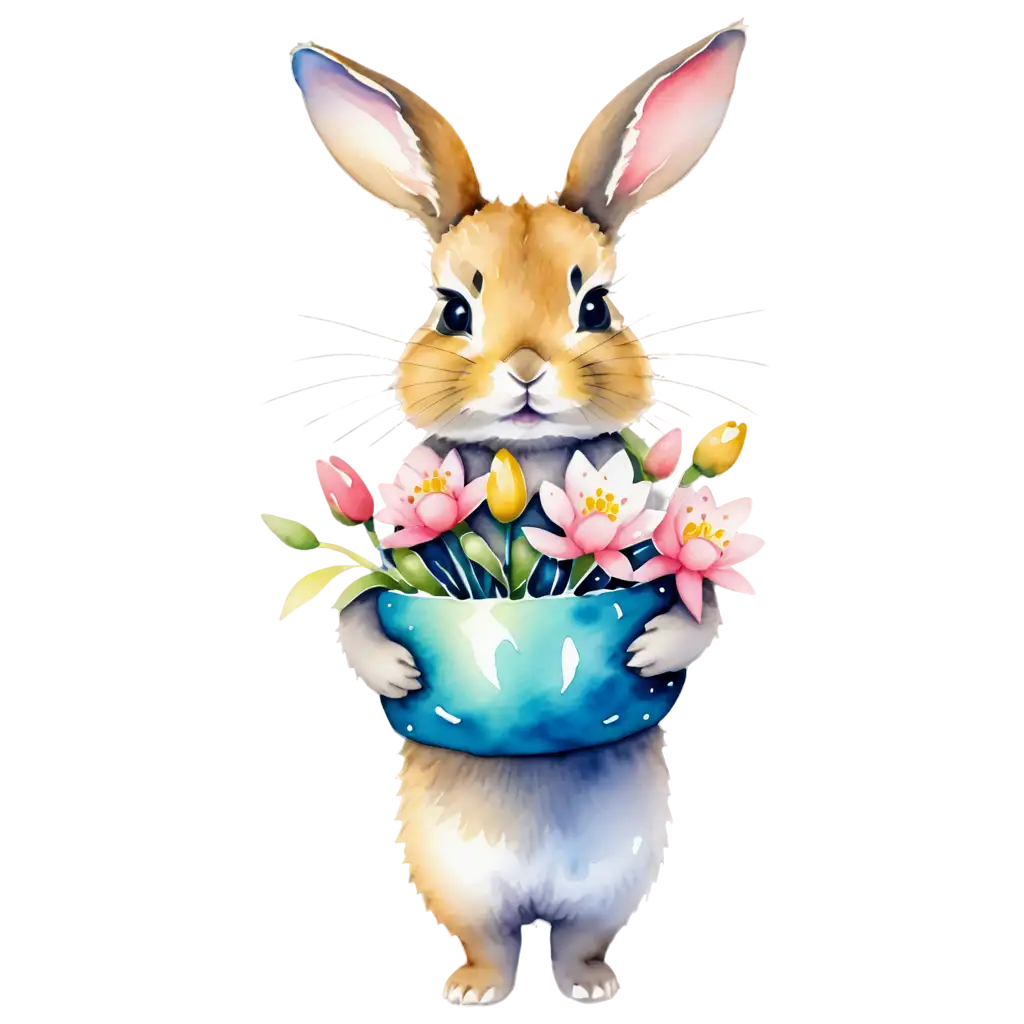 cute little rabbit with floats flowers in watercolor print