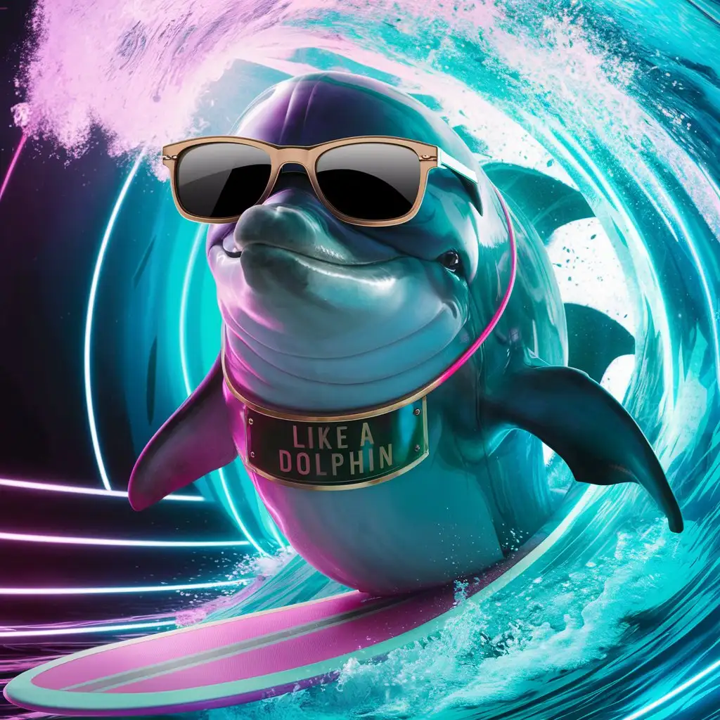 BADASS DOLPHIN WEARING SUNGLASSES WITH A PLAQUE SAYING " LIKE A DOLPHIN"