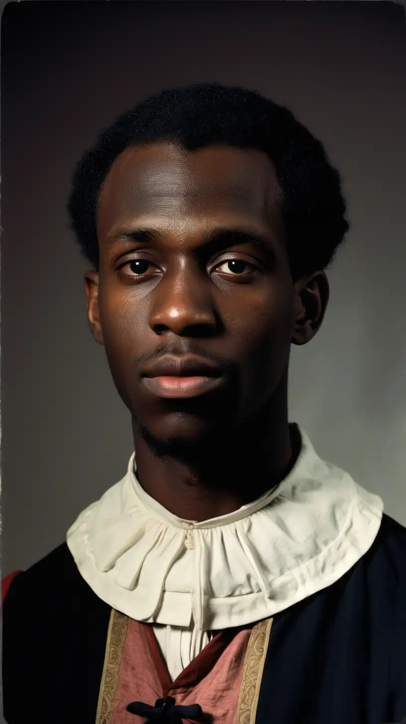 A color profile photo of a 25-year old black man dressed in servants clothes without a hat on, sombre, set in 1600