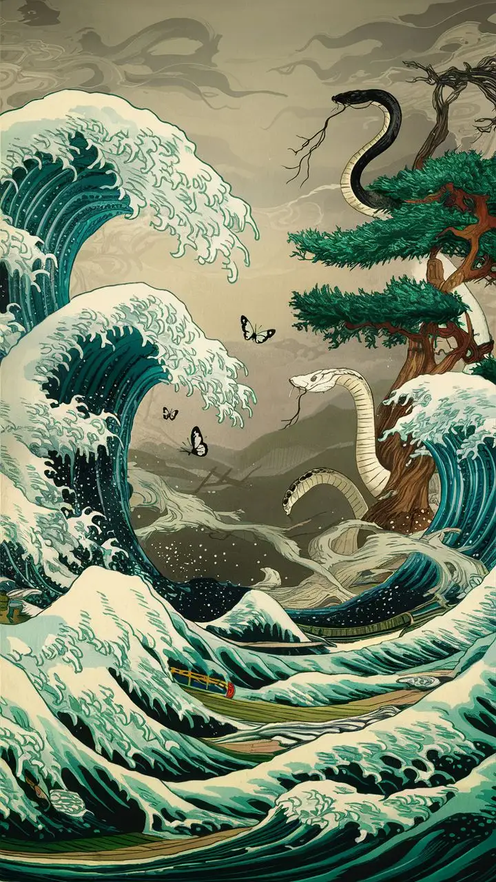 Create a picture in which there is a raging wave similar to Hokusai's waves, and it swings on three sides of the picture, and a Chinese tree has grown out of it, and there are some butterflies and branches in the opposite part of the wave, and there is a witness on all of them. The confrontation of two black and white snakes, which are symbols of good and evil
