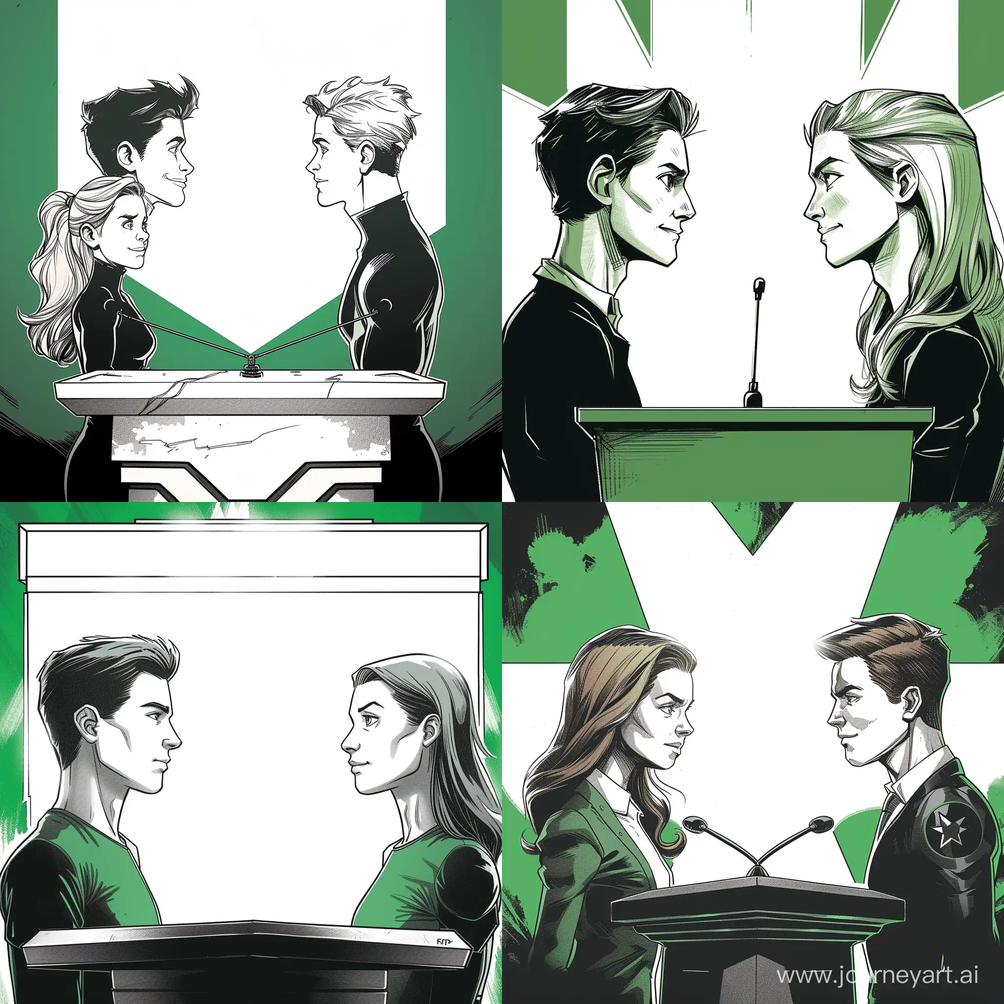 Dynamic-Marvel-Cartoon-Debate-Young-Couple-in-White-and-Green