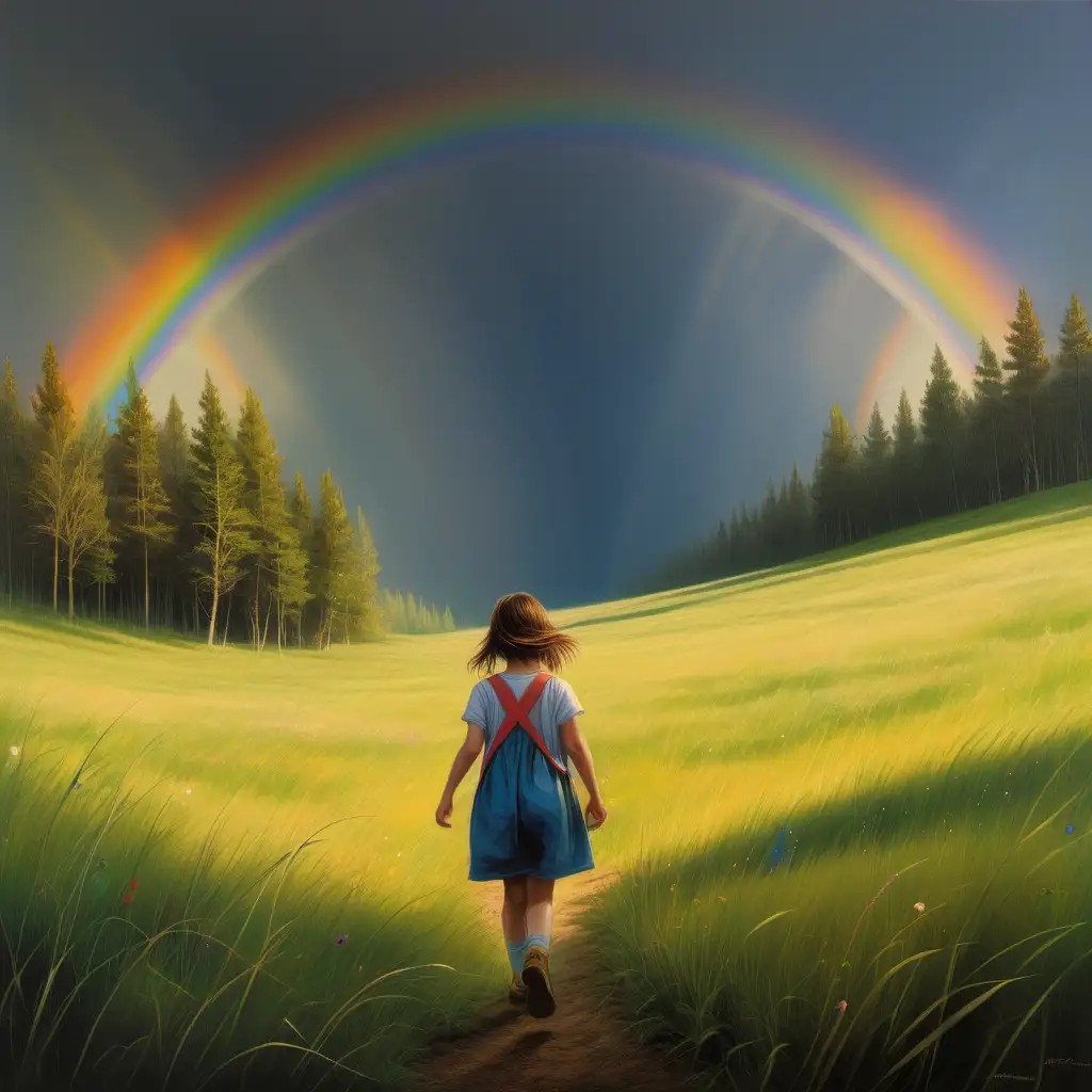 Painting of a Girl wandering toward the start of a rainbow in a meadow