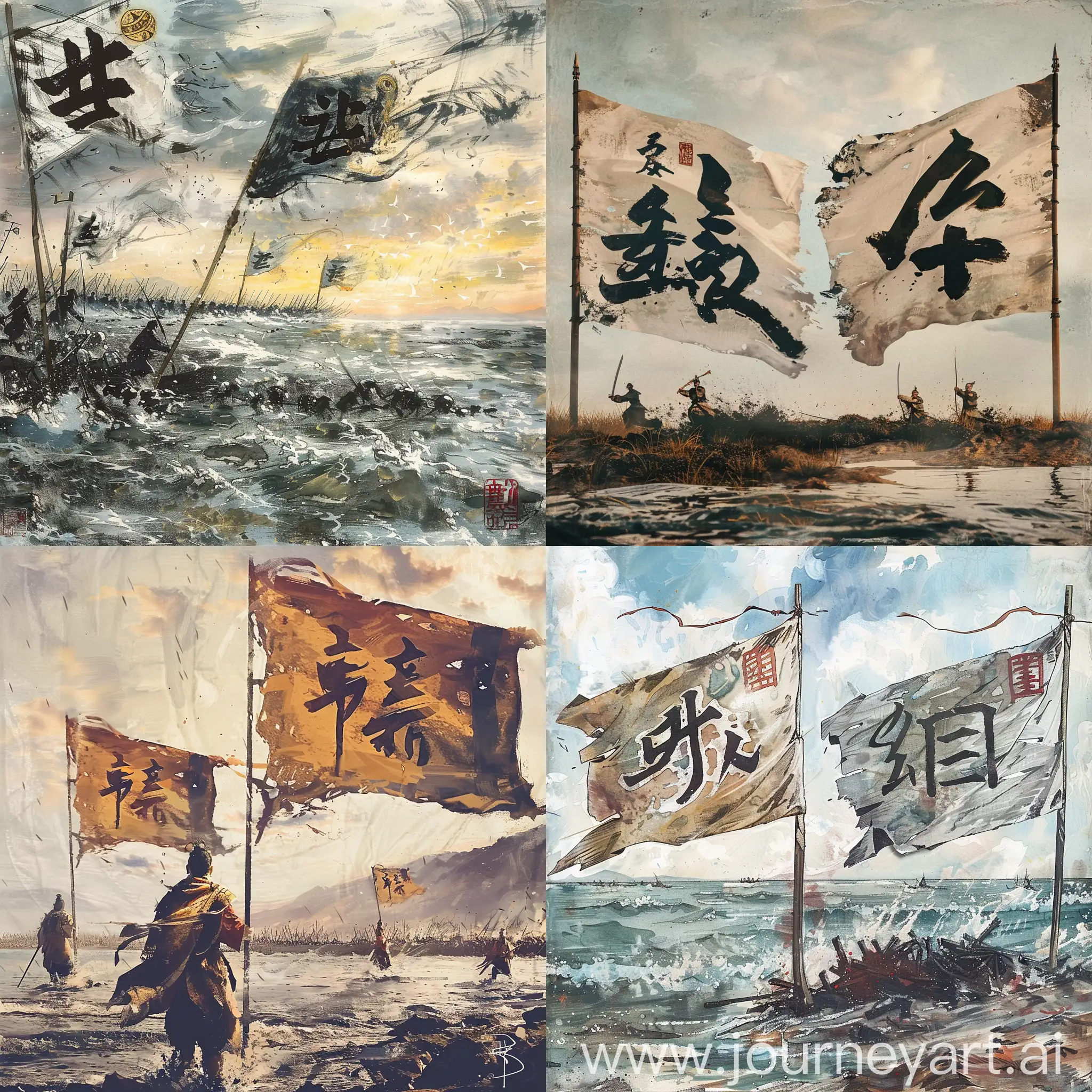 The historical background is Han Xin's decisive victory over the Zhao army in a battle where both sides were near water. Each army had their respective flags. One flag bore the traditional Chinese characters for "Han," while the other bore the traditional Chinese characters for "Zhao."