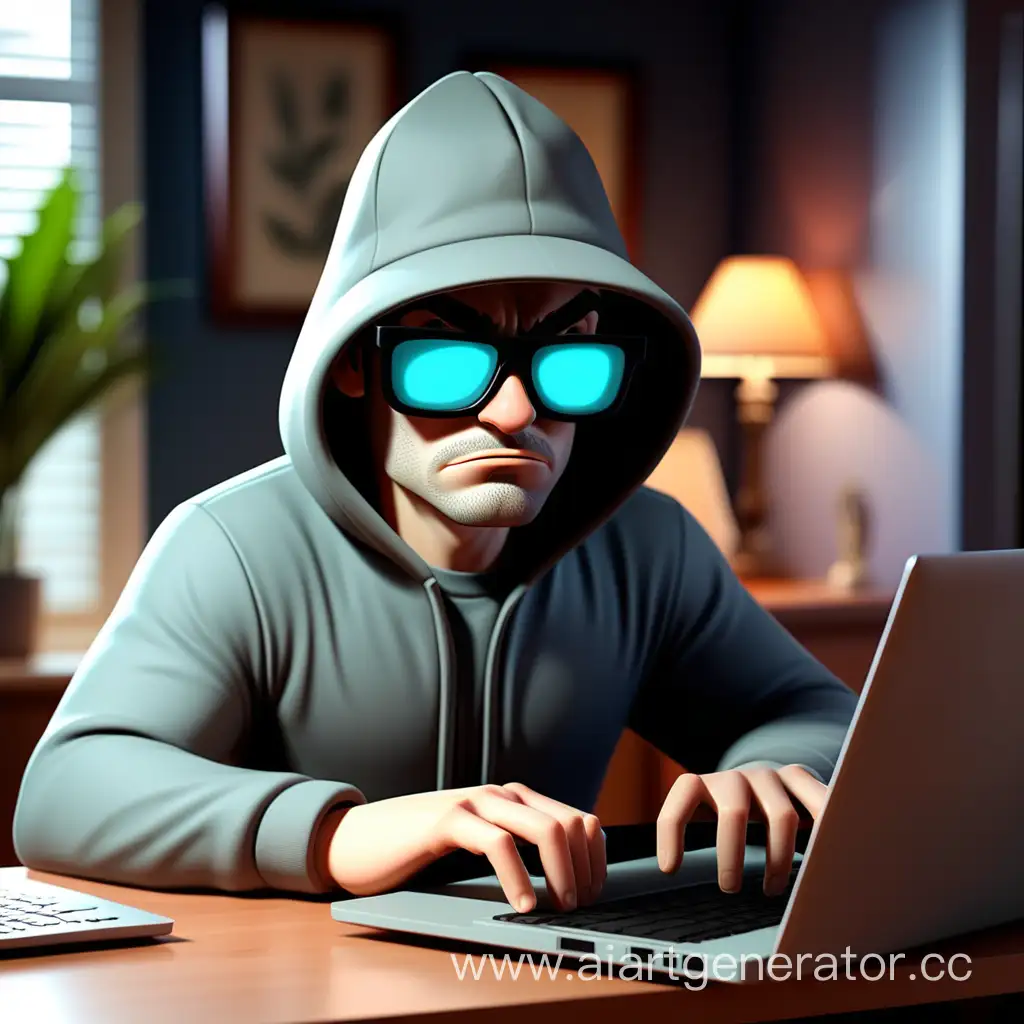 Programmer incognito behind a laptop, background in a home setting