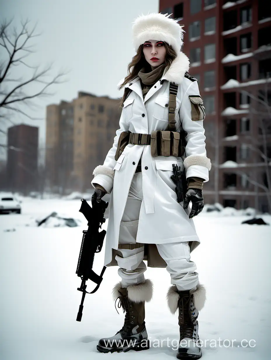 Post-Apocalypse tomboy in uniform, transgender 35-year-old, woman in a post-apocalyptic setting, dressed in a  white snow camouflage military uniform with fur  hat,  white  Wool Overcoat, white  fur pants and white   fur boots, solo, without weapon  --v 6
