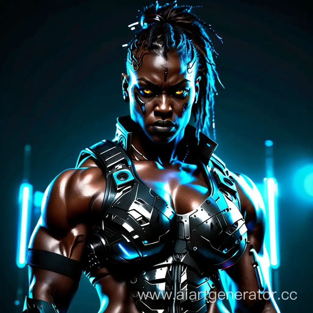 Dark-skinned scary big muscular masculine woman in cyberpunk style