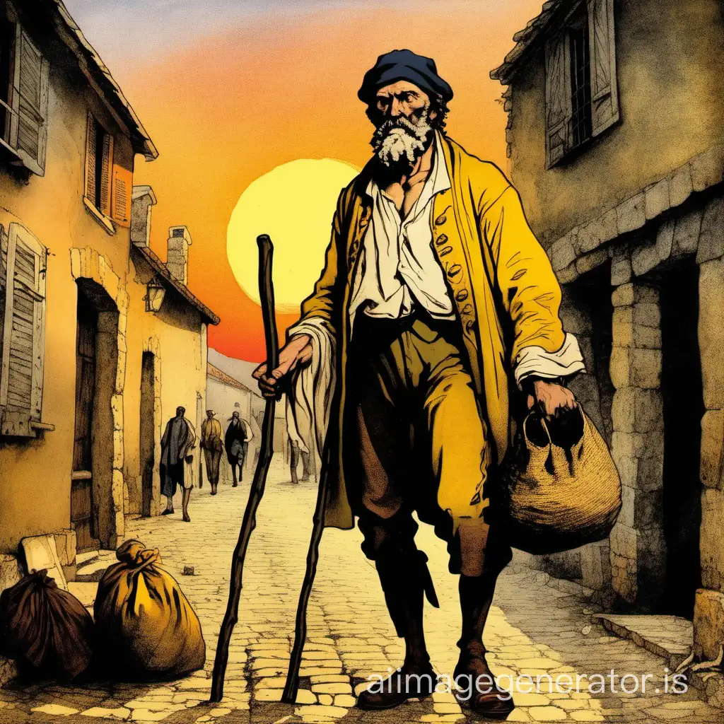 Early 19th century, in Provence, Jean Valjean enters the town, he is a stout old poor man, he wears a cap, a yellow old shirt, dressed poorly, in rags, he carries a sack, a huge knotty stick in hand, bald but long beard, sunset