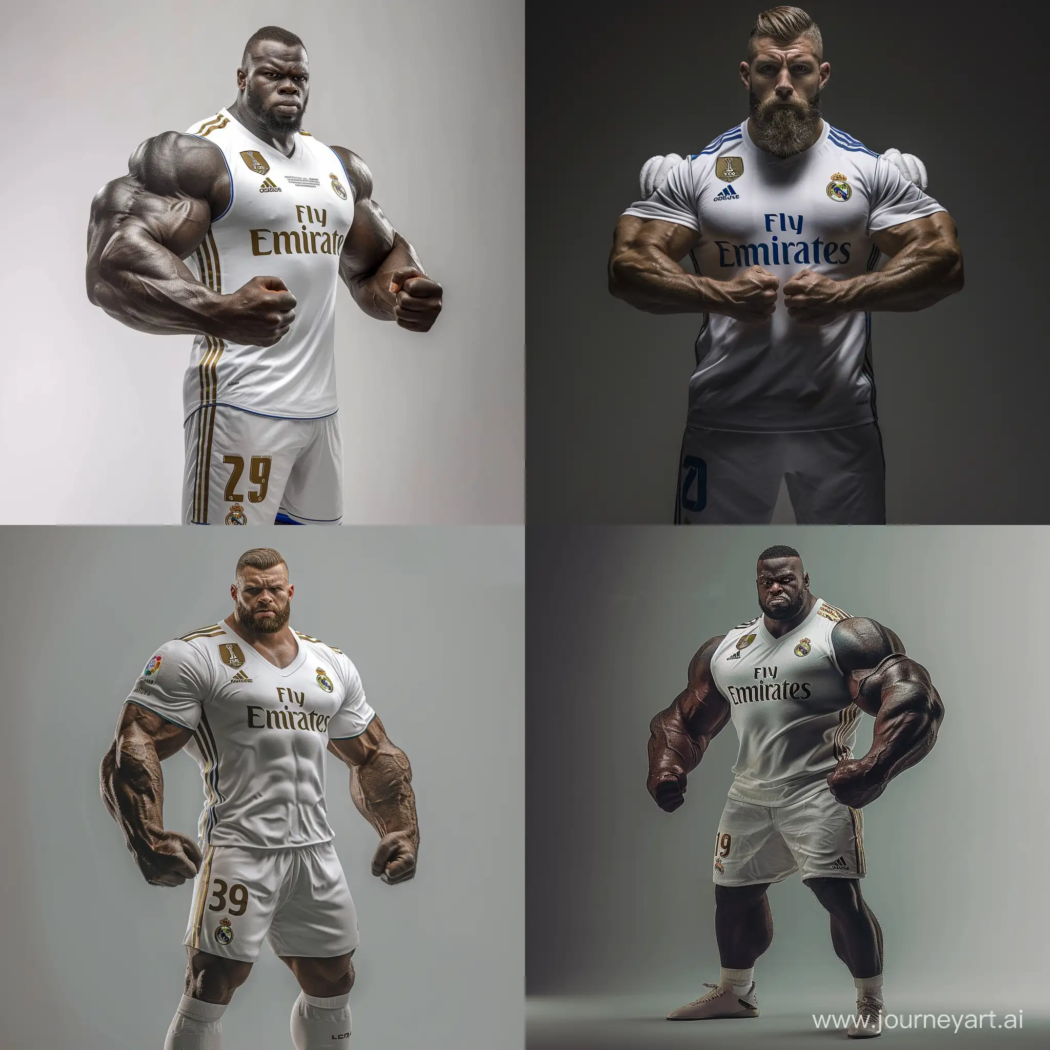 A big strong giant with massive muscles in a Real Madrid uniform