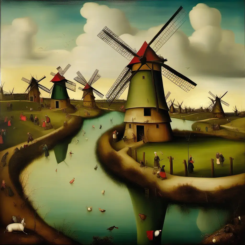Windmills on your mind, oil on canvas, old picture, Hieronymus Bosch style