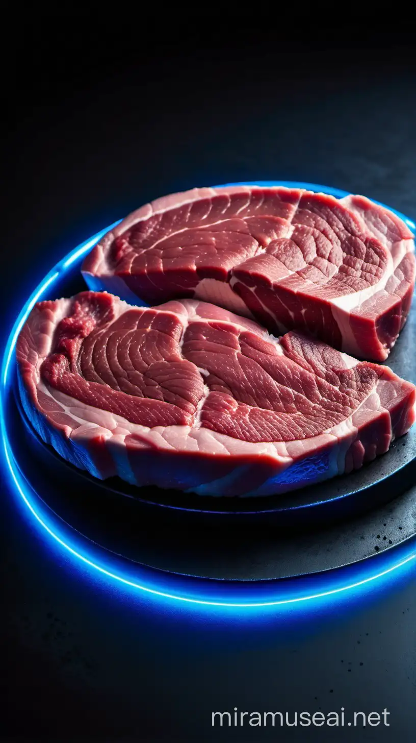 Raw meat on a metal table,blue led,deep background,dark horror