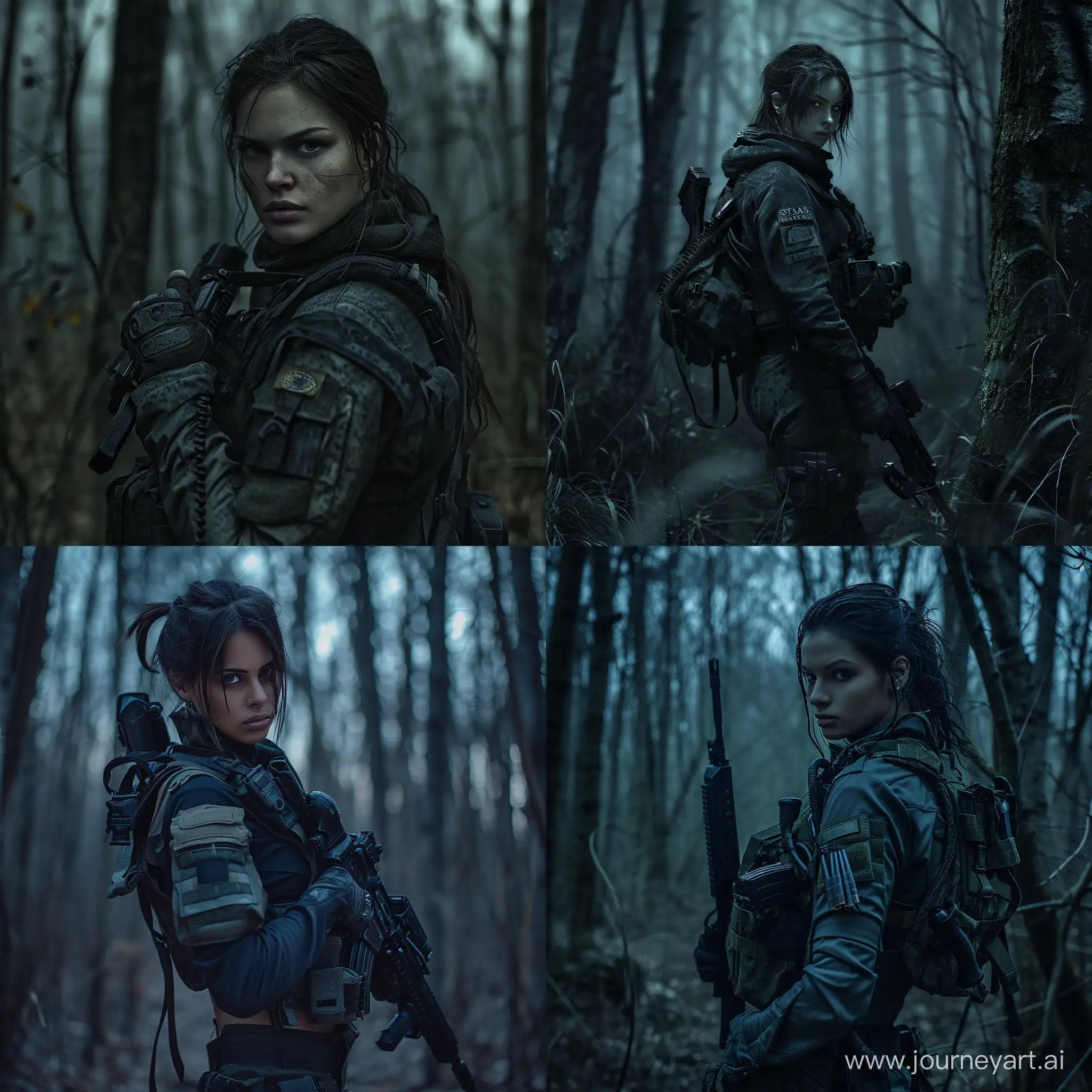 beautiful Sheva Alomar from Resident Evil 5 in S.T.A.L.K.E.R as mercenary in darktactical equipment dead trees dark forest