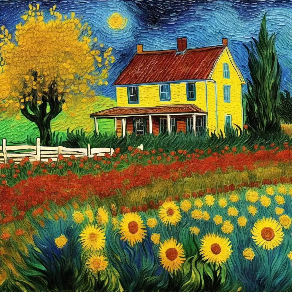 Van Gogh Style Brush Strokes Countryside Farmhouse and Flower Garden