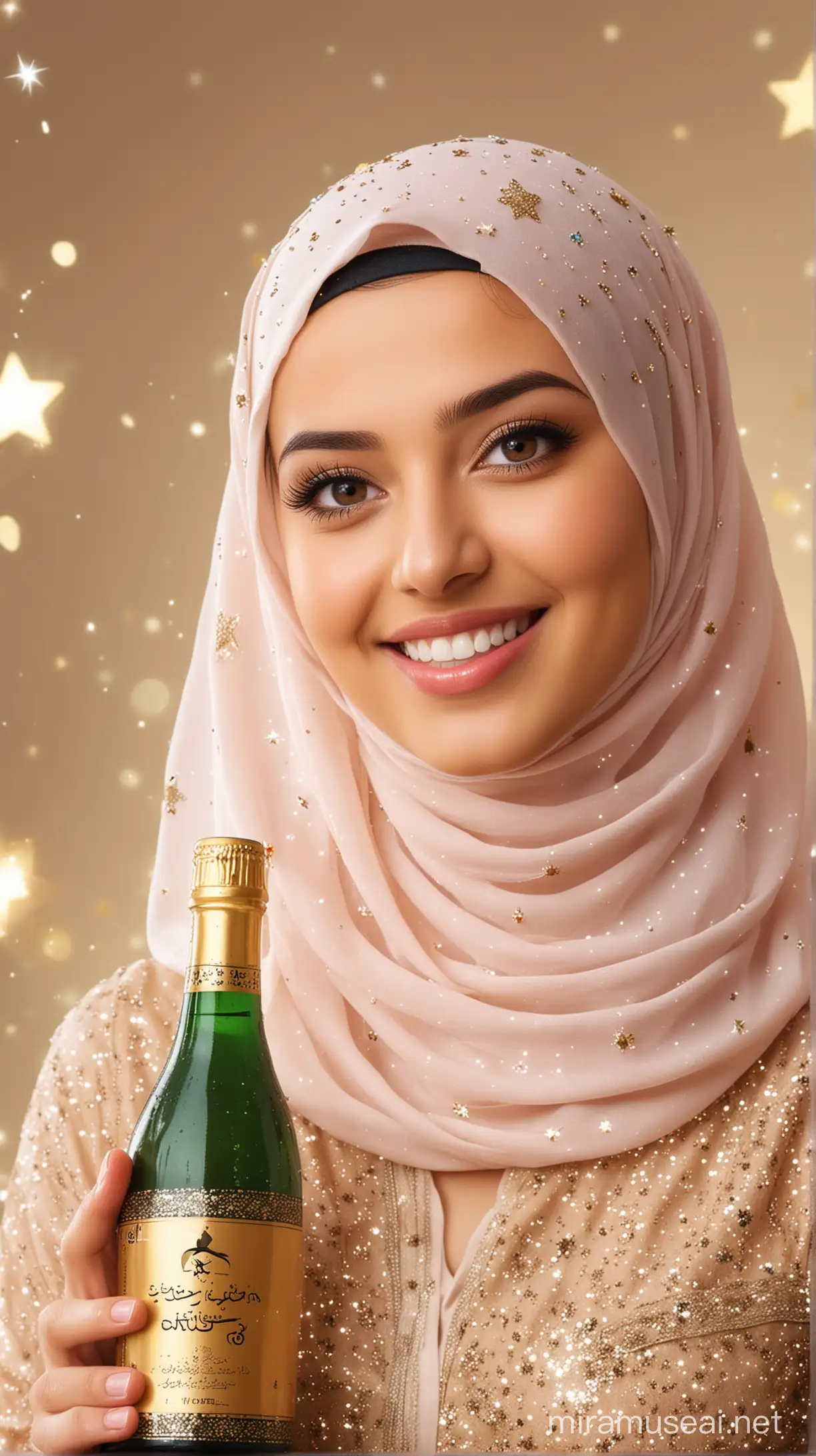 24 year old beautiful muslim girl wearing hijab with cute smile,white skin with eid festival background, with one bottle on hand, mid photo up to belley,graphics eid festival bg, glossy golden back ground with sparkles, and stars, right aranged photo,boobs size 38, right aranged, wide frame, big boobs size 38,good shape