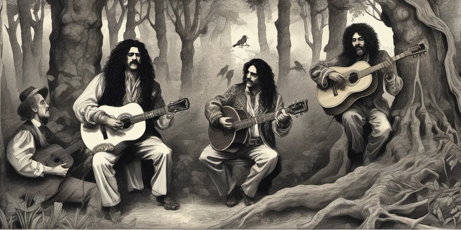 a Gypsy band , a woman is singing & has long black curly hair & one man is playing a piano he has long hair, one man is playing a guitar , another man is singing the men they have long hair & are in an ancient forest 