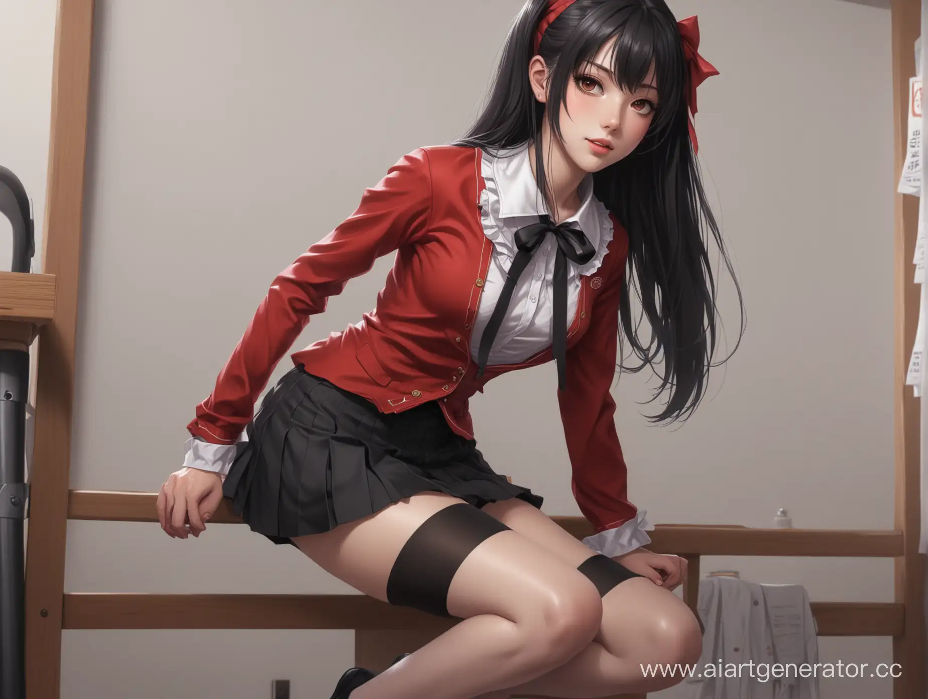 4K, schoolgirl, looking at the viewer, hips, black hair, illustration, fantasy girl, Kakegurui, thigh-high, drawing, digital art, barefoot, J.K. Vikellia, artwork, women, Jabami Yumeko, school uniform, long hair, blushing, tights