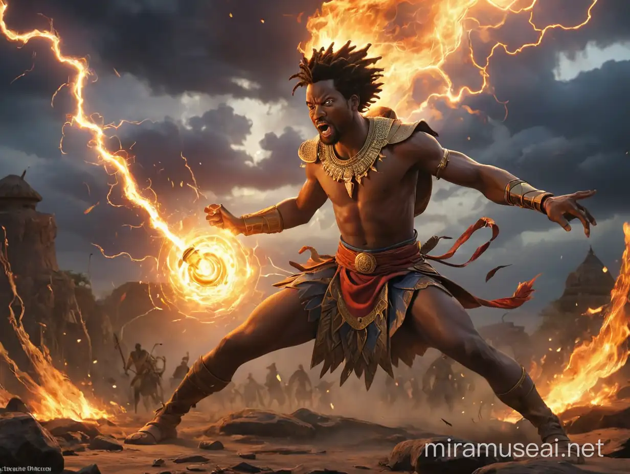 The African prince Nnanna in a fierce battle with fire and lightning against the evil sorcerer who took his kingdom from him years ago 