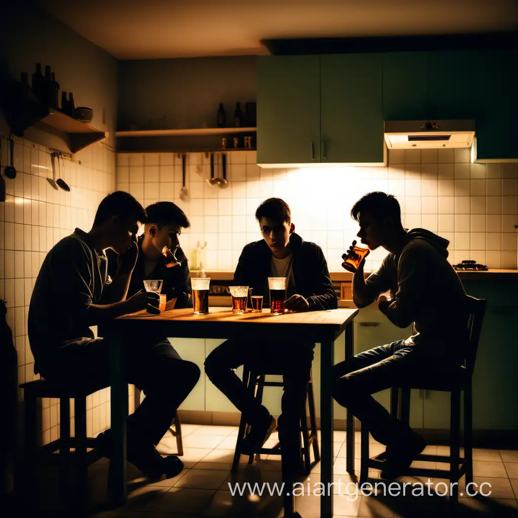 Three young men are sitting in the kitchen drinking alcohol, the light in the kitchen is dim, the atmosphere is eerie