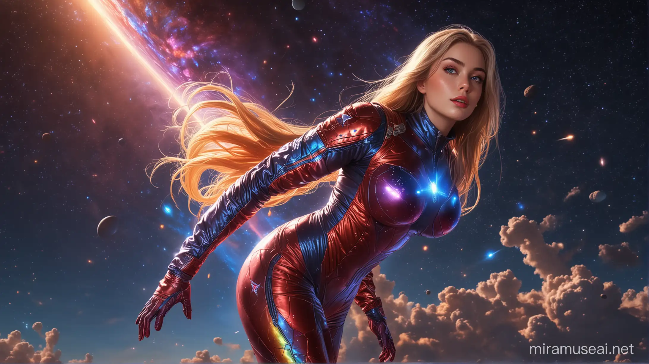 Radiant Girl in Rainbow Spacesuit Amid Galactic Explosions